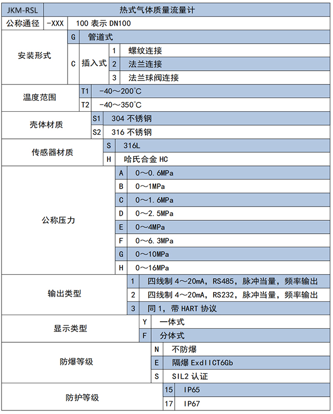熱式氣體質(zhì)量流量計選項表
